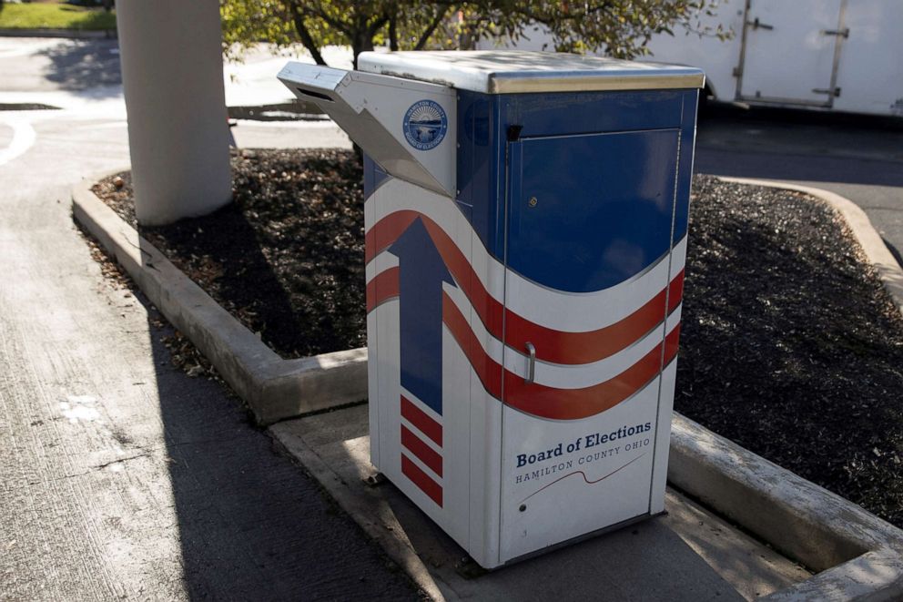 PHOTO: A ballot drop box is seen outside of the Hamilton County Board of Elections building in Cincinnati, Ohio, Oct. 6, 2020.