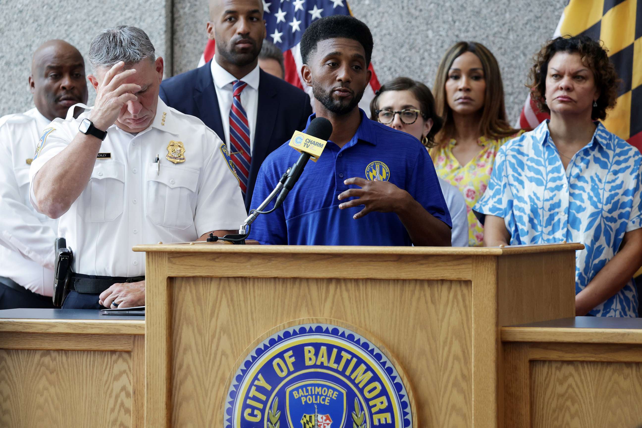 PHOTO: Baltimore Mayor Brandon Scott speaks during a news conference at the police headquarters on July 3, 2023 in Baltimore, Md.