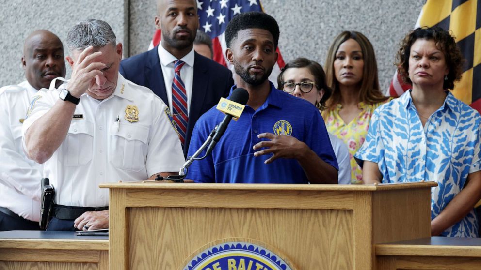 PHOTO: Baltimore Mayor Brandon Scott speaks during a news conference at the police headquarters on July 3, 2023 in Baltimore, Md.