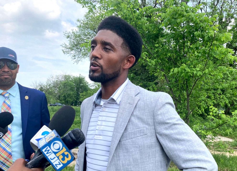 PHOTO: In this May 20, 2022, file photo, Baltimore Mayor Brandon Scott speaks about crime reduction efforts following a groundbreaking ceremony for the Woodland Gardens II complex in the Park Heights neighborhood of Baltimore.