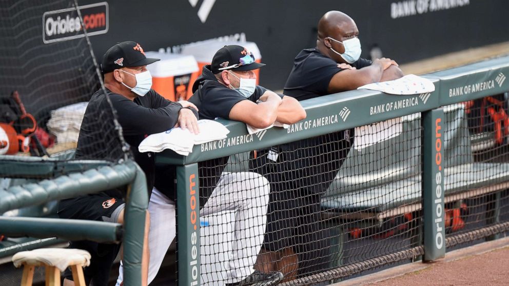 PHOTO: Manager Brandon Hyde of the Baltimore Orioles watches the intrasquad game at Oriole Park at Camden Yards on July 9, 2020, in Baltimore.