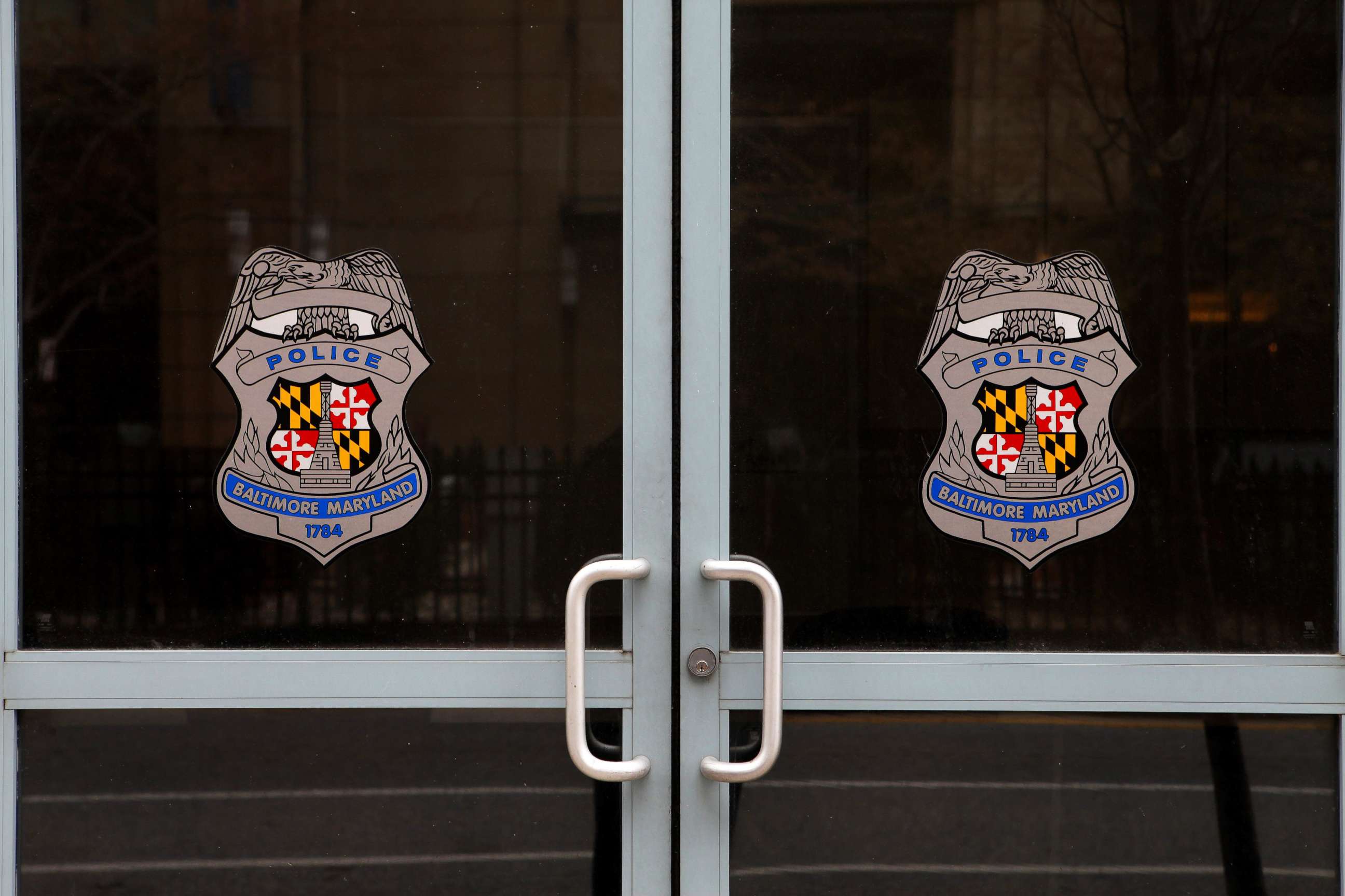PHOTO: The doors to a Baltimore City Police Department Substation are pictured on April 9, 2015 in Baltimore.