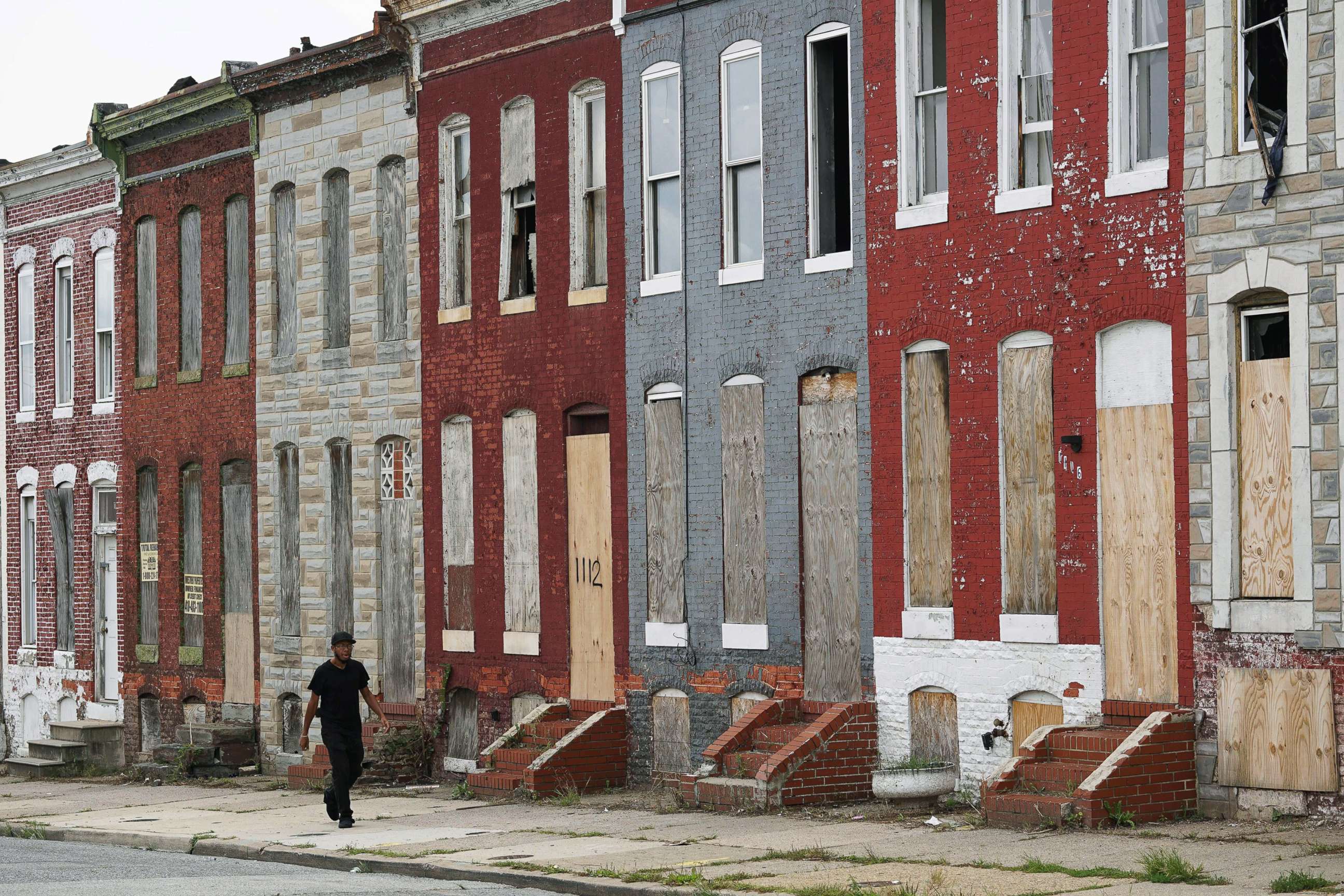PHOTO: A row of boarded up houses in east Baltimore, Aug. 8, 2017. Baltimore is troubled by drug use, poverty and racial segregation problems.