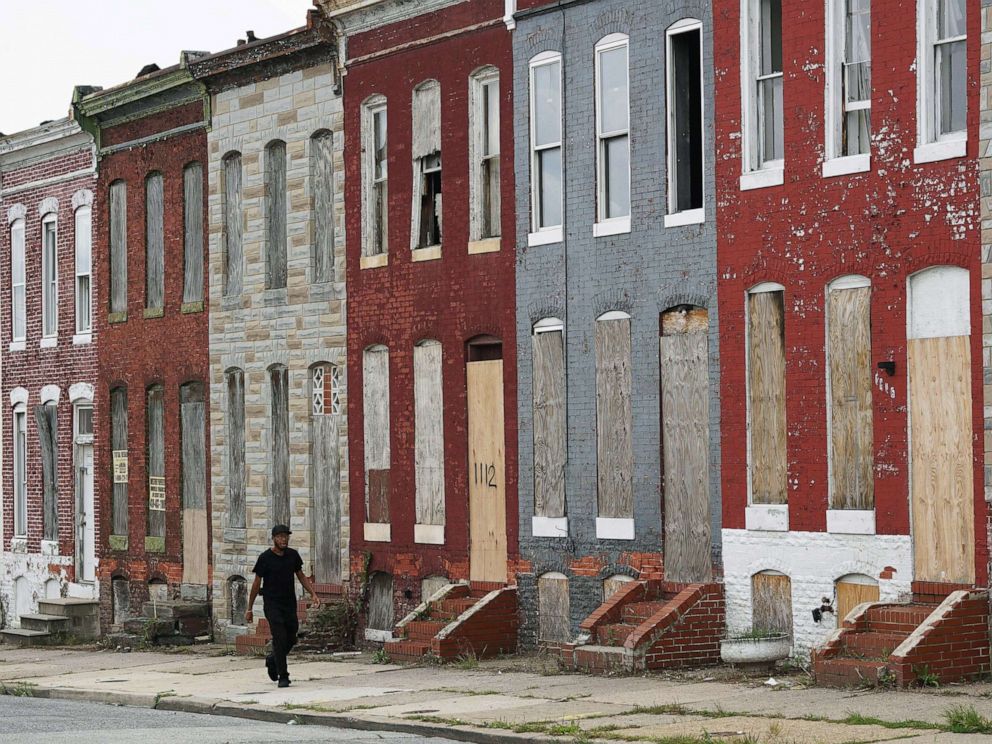 PHOTO: A row of boarded up houses in east Baltimore, Aug. 8, 2017. Baltimore is troubled by drug use, poverty and racial segregation problems.