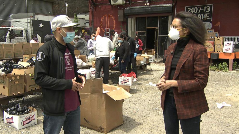 PHOTO: Daniel Diaz of East Side House Settlement speaks to ABC News correspondent Adrienne Bankert about the way the organization has been helping to fill the needs of his Bronx community from food distribution to tablet and WiFi handouts.