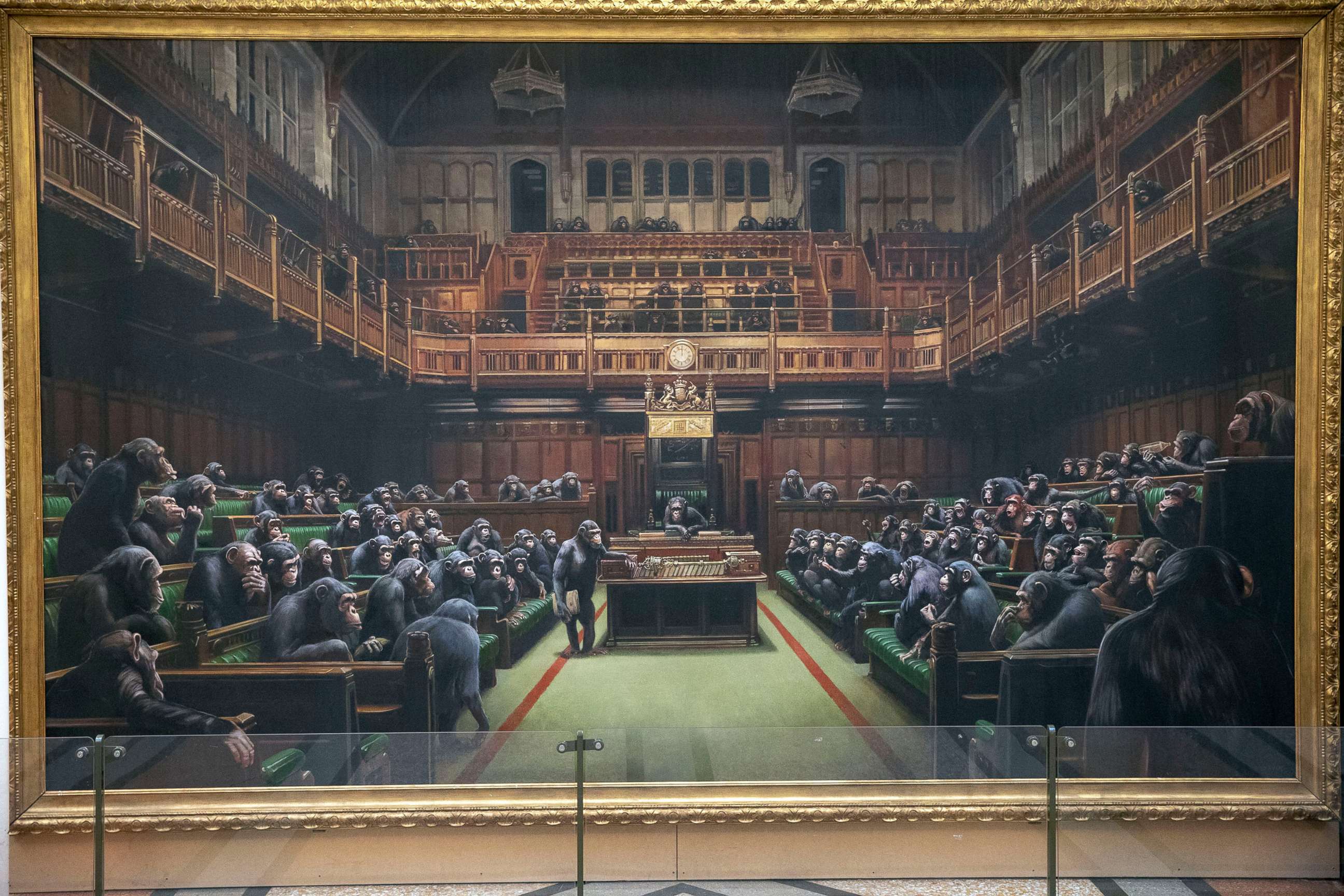 PHOTO: In this March 28, 2019, file photo, the painting 'Devolved Parliament' by the graffiti artist Banksy, is shown.