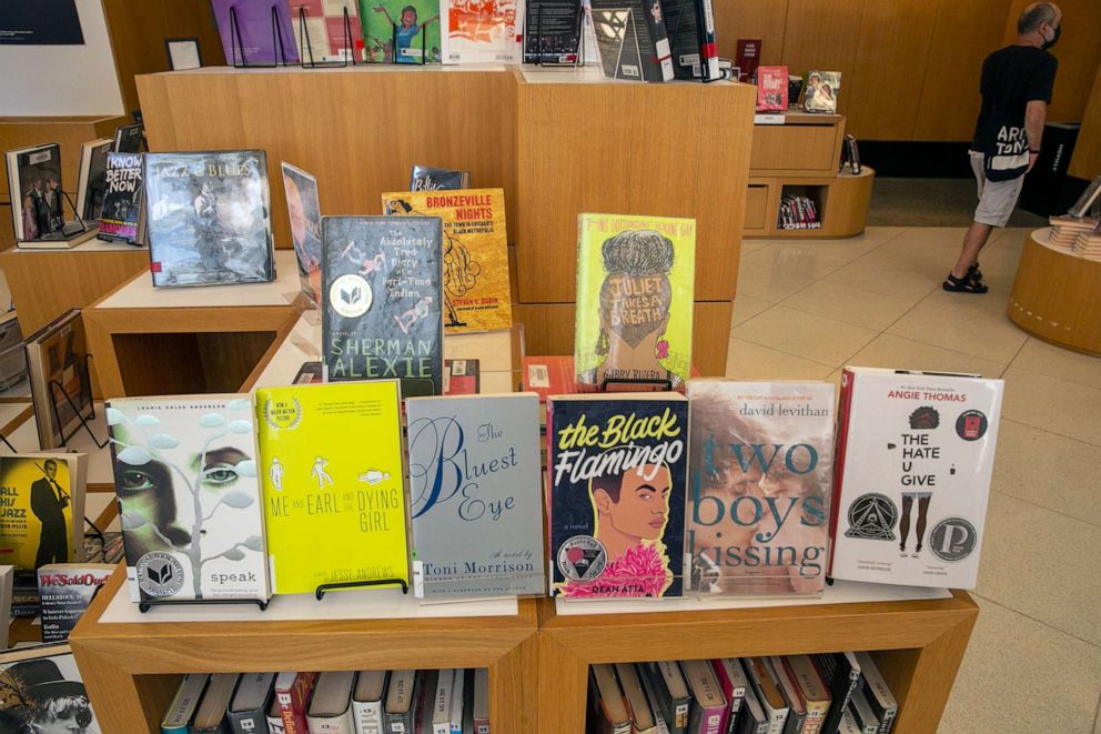 PHOTO: Banned books are visible at the Central Library, a branch of the Brooklyn Public Library system, in New York City on July 7, 2022.