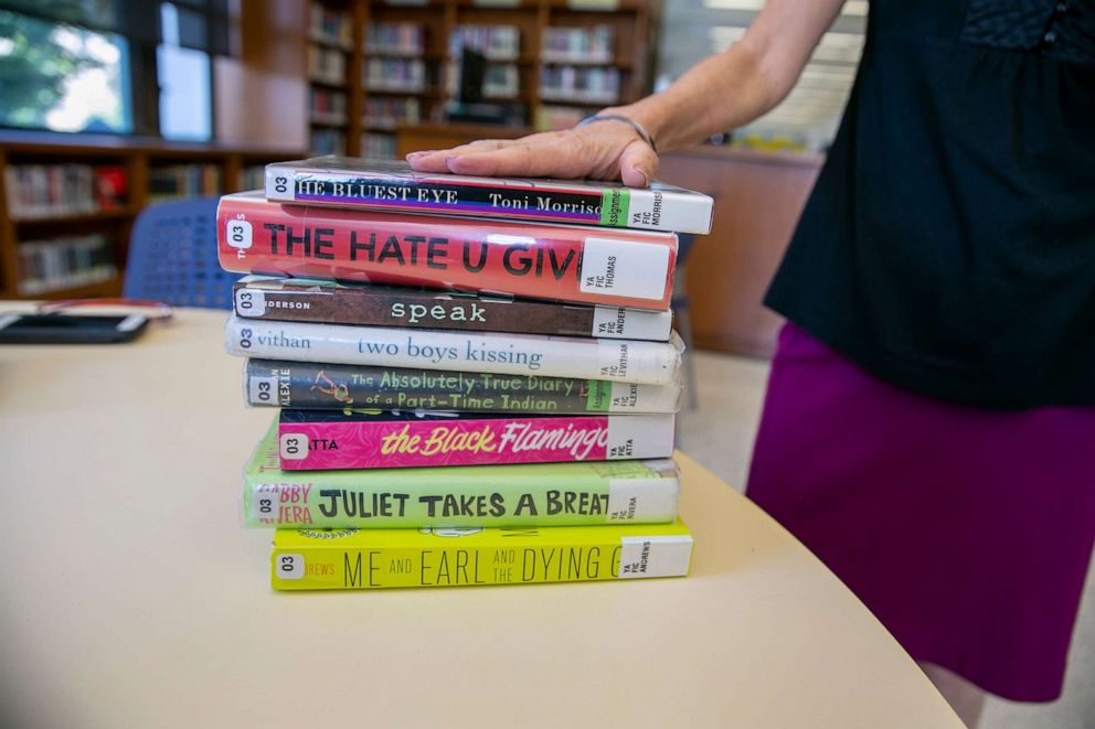 PHOTO: Banned books are visible at the Central Library, a branch of the Brooklyn Public Library system, in New York City on July 7, 2022.