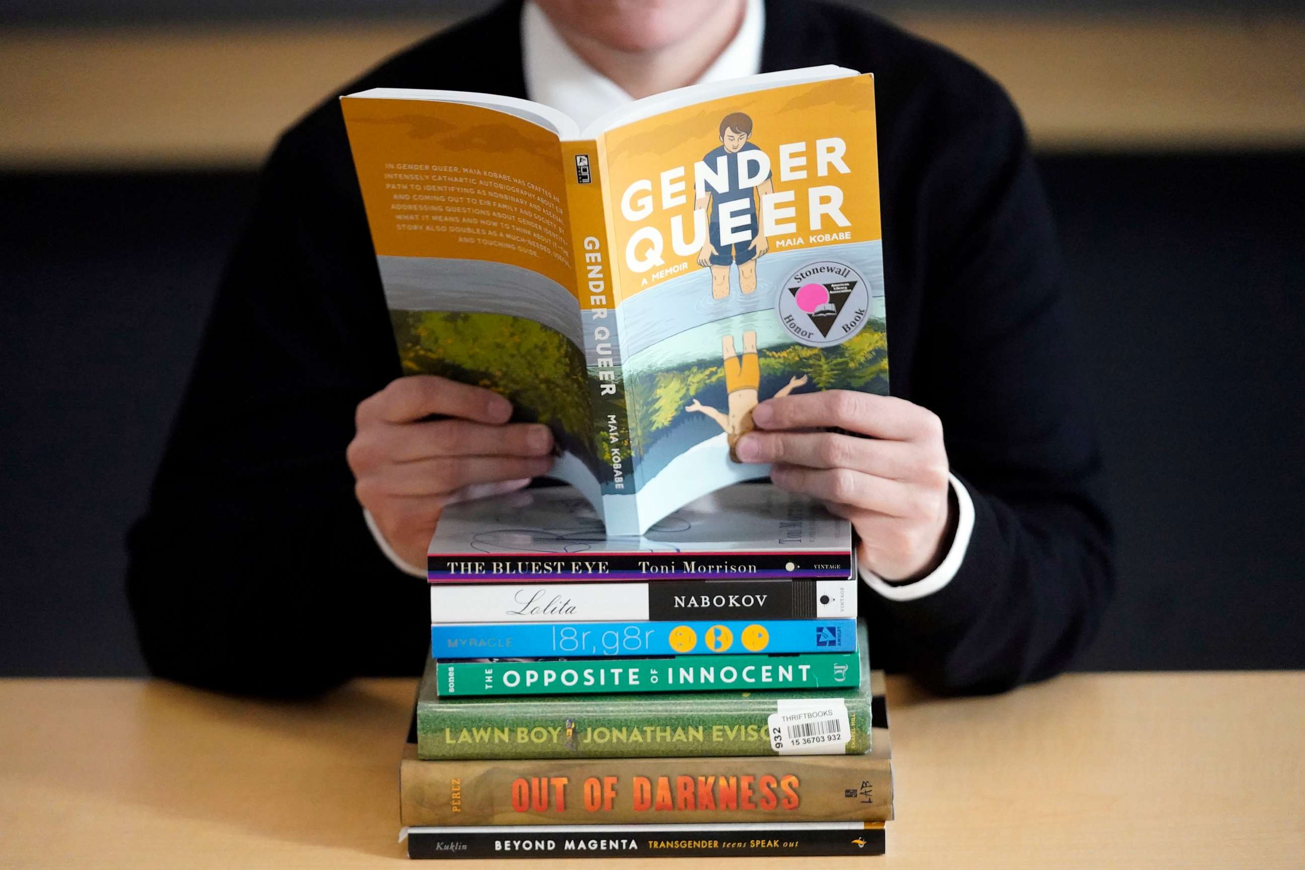 PHOTO: A pile of challenged books appear at the Utah Pride Center in Salt Lake City on Dec. 16, 2021.