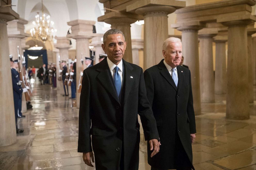 PHOTO: President Barack Obama and Vice President Joe Biden walk through the the Capitol for Donald Trump's inauguration ceremony, in Washington, Jan. 20, 2017.