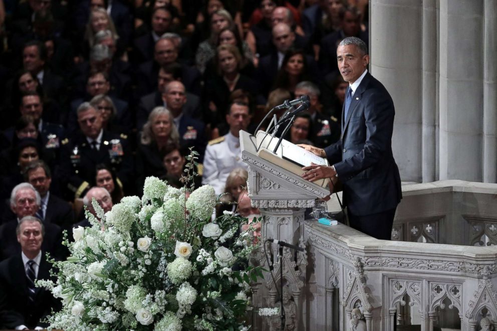 PHOTO: Former President Barack Obama speaks at the memorial service of Senator John McCain at National Cathedral in Washington, Sept. 1, 2018.