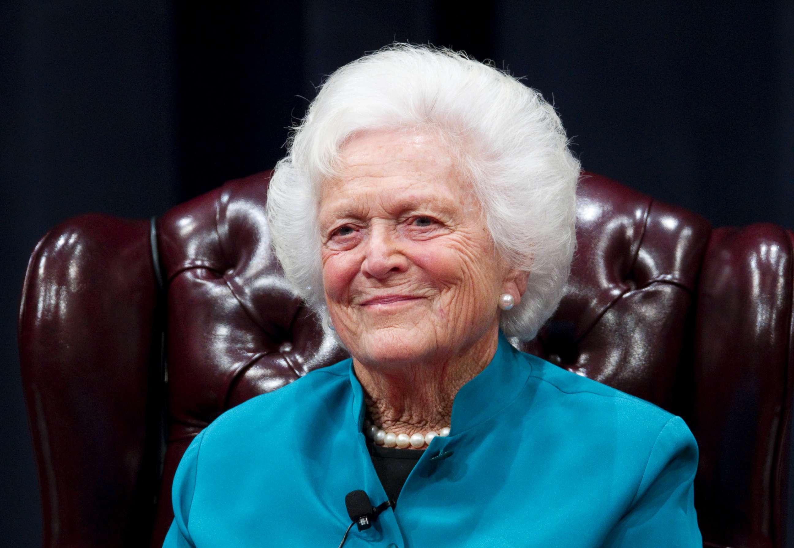 PHOTO: Former U.S. First Lady Barbara Bush discusses her White House experience during a day-long symposium titled "America's First Ladies-An Enduring Legacy" at the George Bush Presidential Library Center at Texas A&amp;M, Nov. 14, 2011.