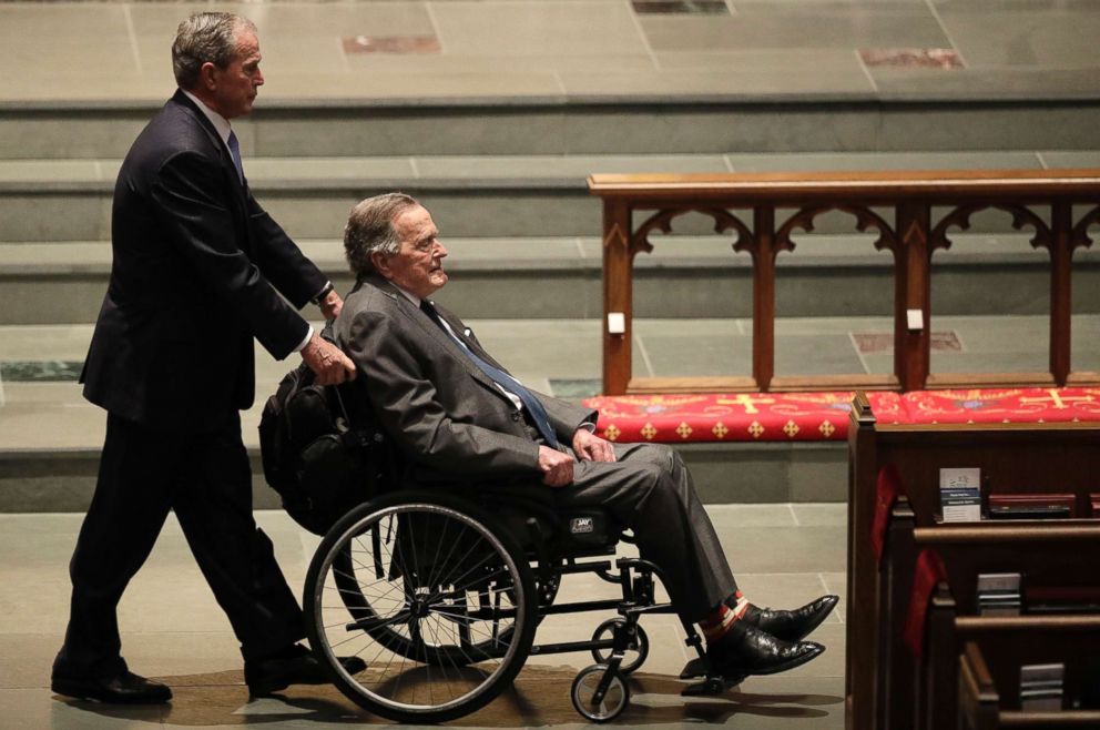 PHOTO: Former Presidents George W. Bush, left, and George H.W. Bush arrive at St. Martin's Episcopal Church for a funeral service for former first lady Barbara Bush, April 21, 2018, in Houston.