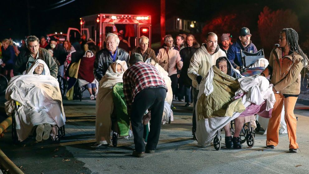 PHOTO: Residents are evacuated from the Barclay Friends Senior Living Community during a fire in West Chester, Pa., Nov. 16, 2017. 