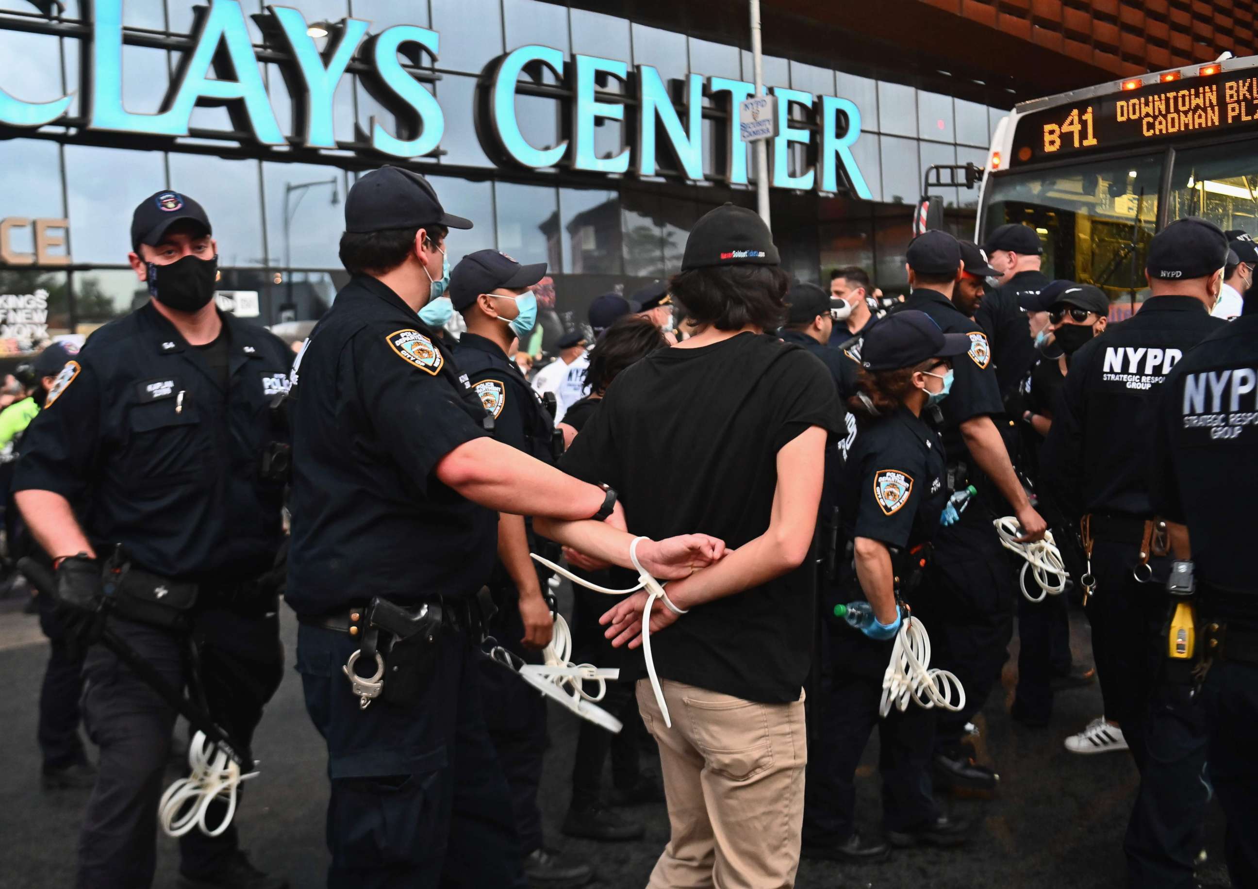 PHOTO: Police officers arrest a protester during a Black Lives Matter protest near Barclays Center on May 29, 2020, in the Brooklyn borough of New York.