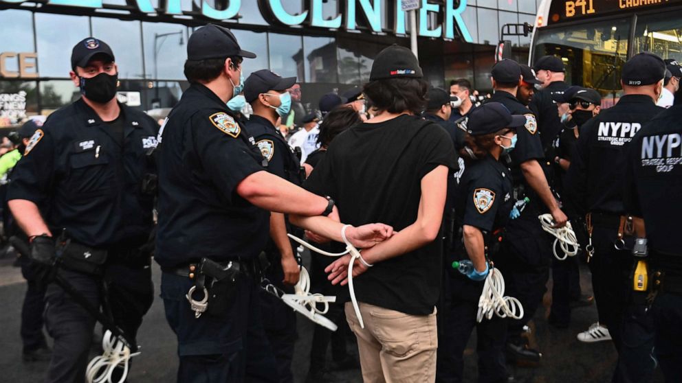 PHOTO: Police officers arrest a protester during a Black Lives Matter protest near Barclays Center on May 29, 2020, in the Brooklyn borough of New York.