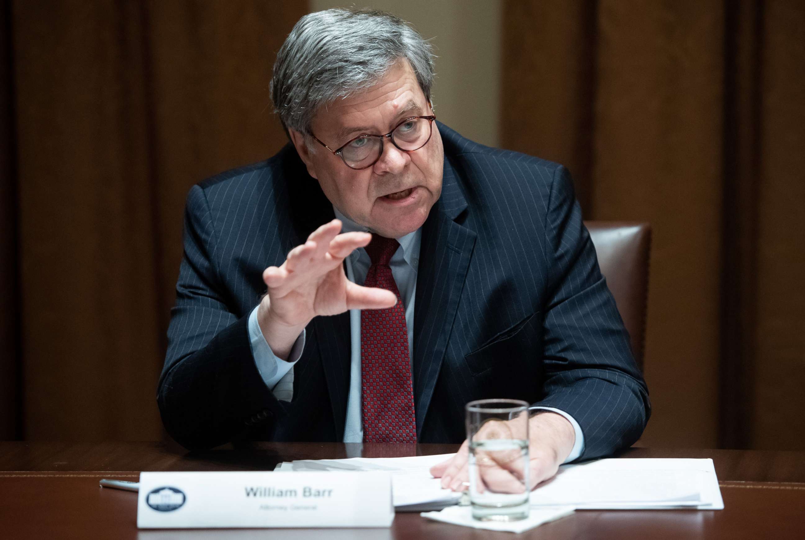 PHOTO: US Attorney General Bill Barr speaks during a roundtable meeting on seniors with US President Donald Trump in the Cabinet Room at the White House in Washington, June 15, 2020.
