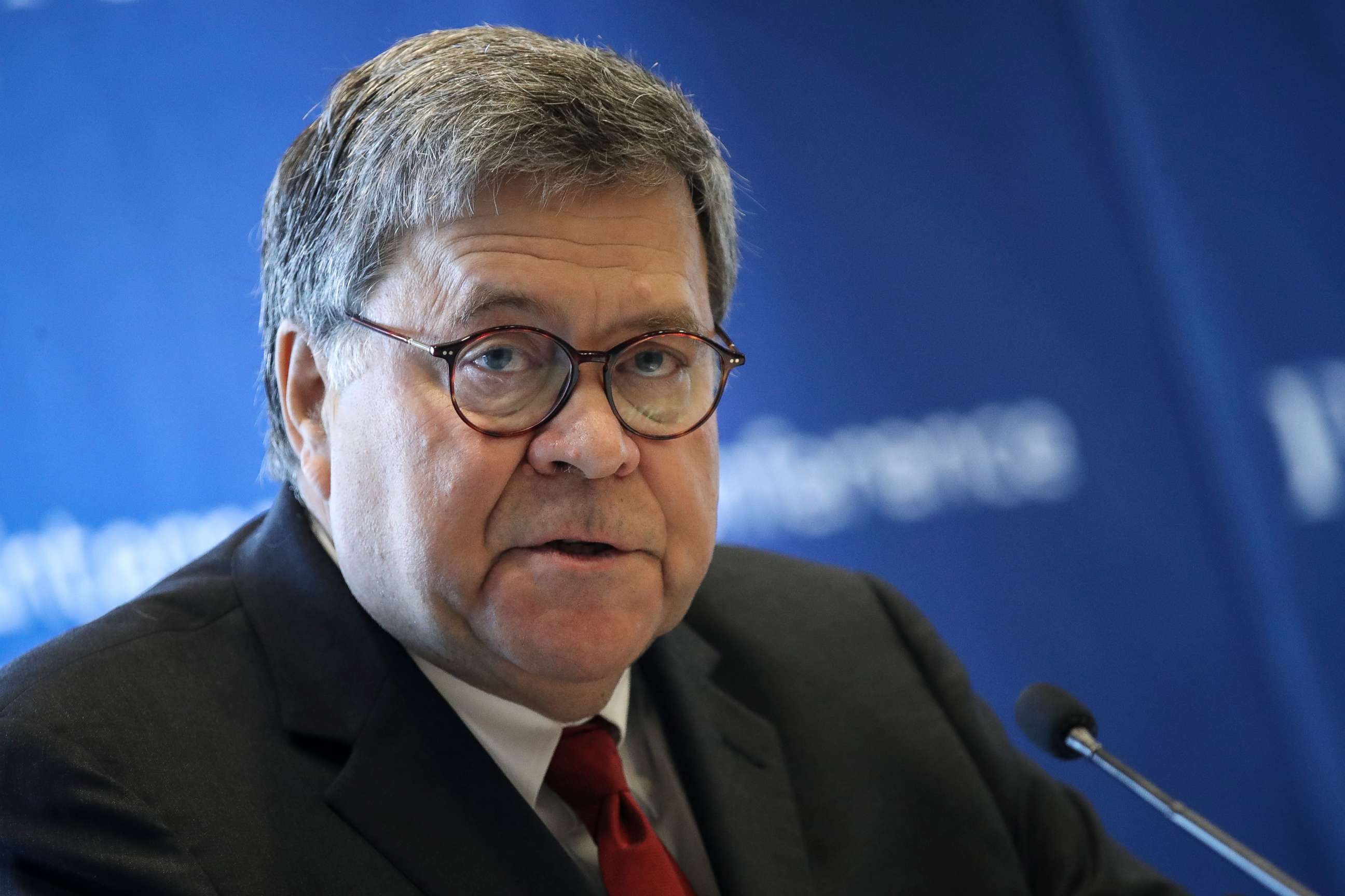 PHOTO: U.S. Attorney General William Barr speaks at the International Conference on Cyber Security at Fordham University School of Law on July 23, 2019 in New York City.