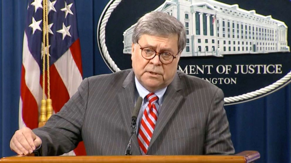 PHOTO: Attorney General William Barr speaks at the Justice Department in Washington, D.C., May 18, 2020. 