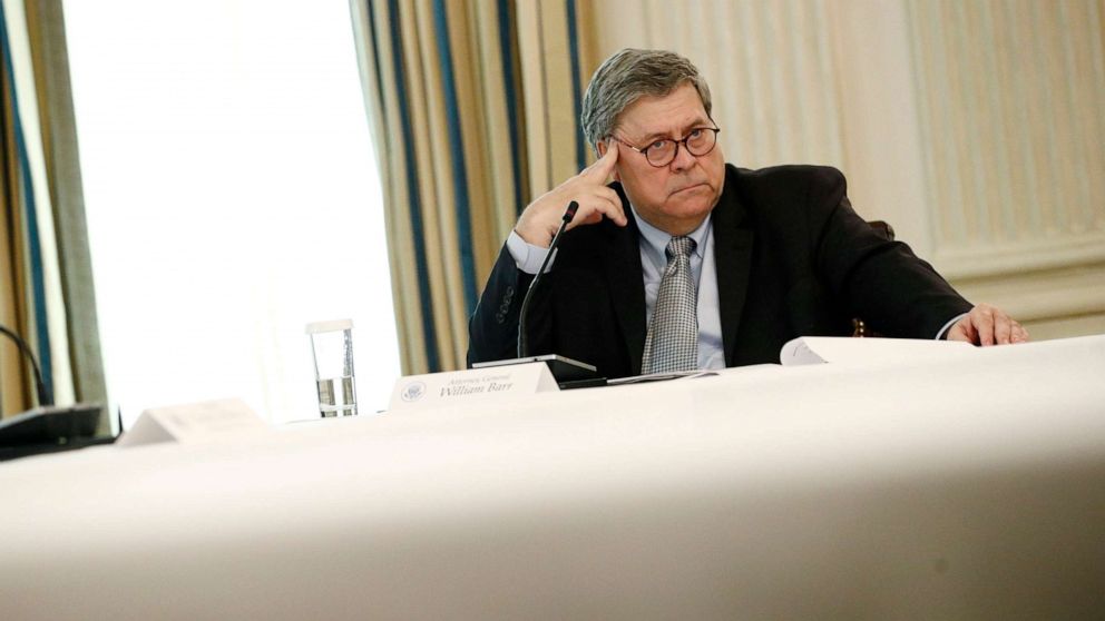 PHOTO: Attorney General William Barr listens during a roundtable discussion with law enforcement officials, June 8, 2020, in the State Dining Room of the White House.