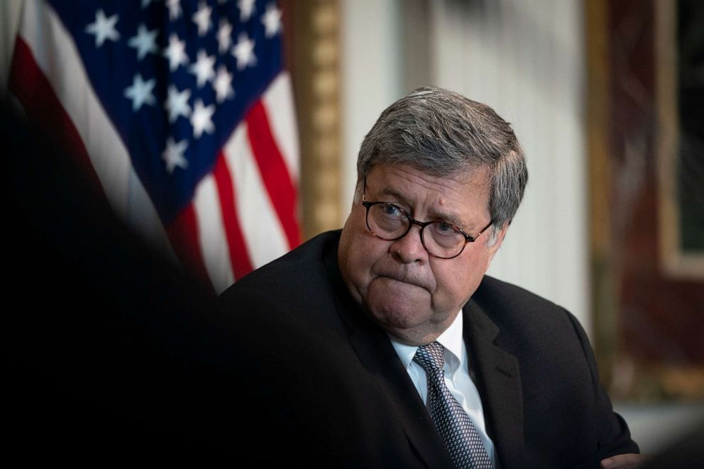 PHOTO: Attorney General William Barr listens during an event to highlight the Department of Justice grants to combat human trafficking, in the Indian Treaty Room of the Eisenhower Executive Office Building, Aug. 4, 2020, in Washington, D.C.