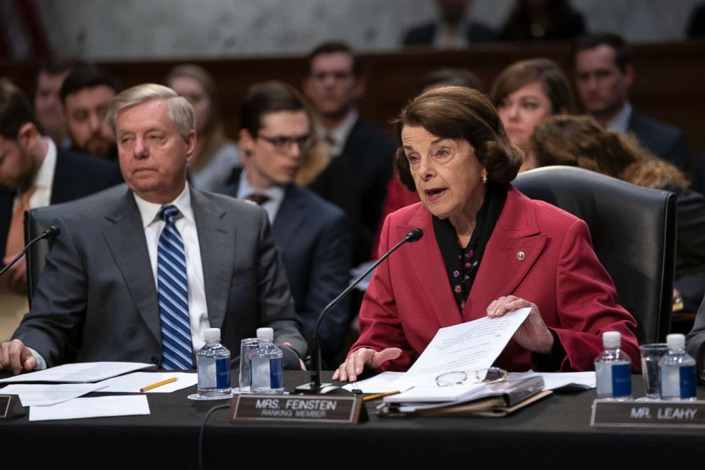 PHOTO: Senate Judiciary Committee Chairman Lindsey Graham, left, listens as Sen. Dianne Feinstein, the ranking member, objects to advancing the nomination of Bill Barr to be attorney general, on Capitol Hill in Washington, D.C., Feb. 7, 2019.