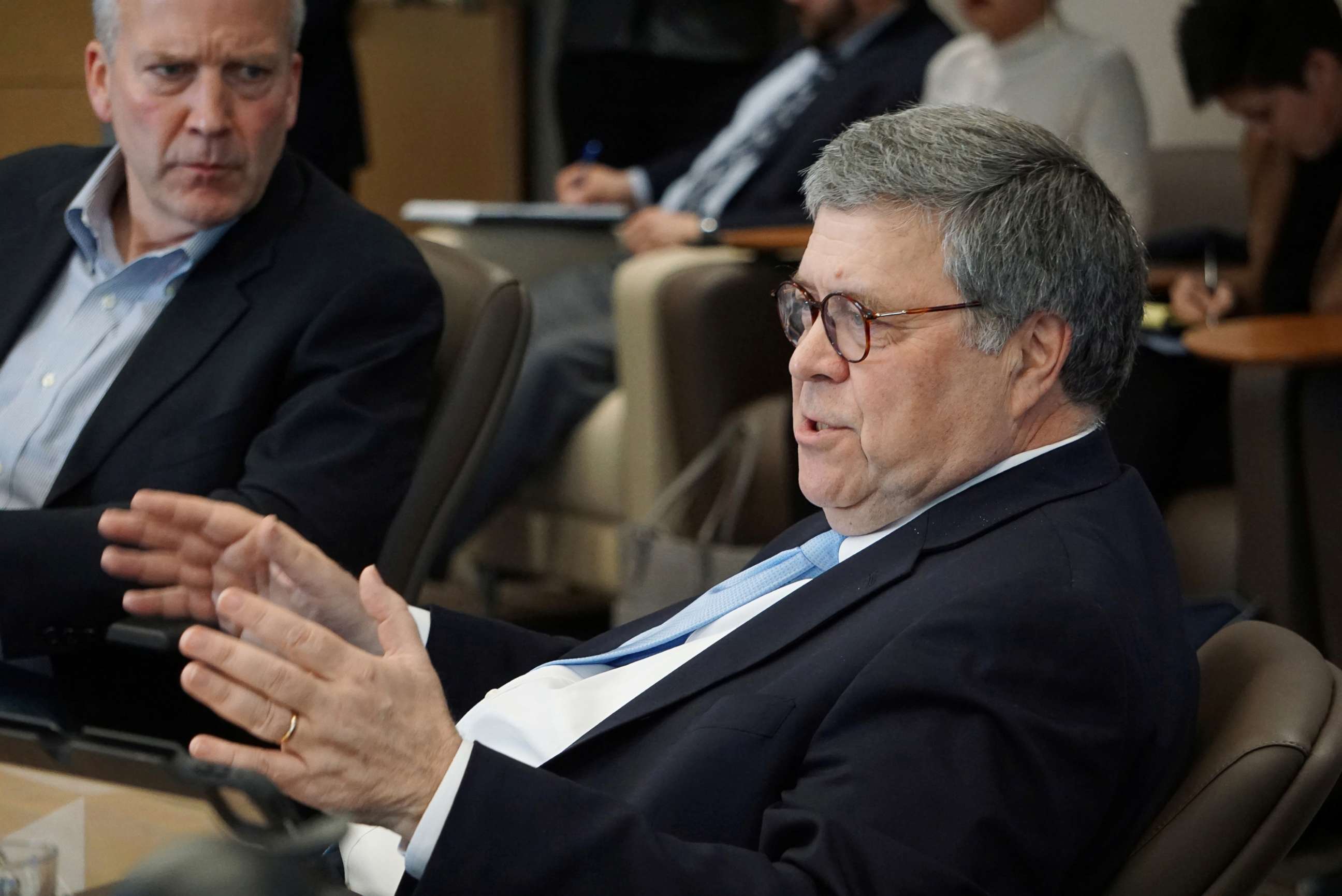 PHOTO:Attorney General William Barr speaks during a Department of Justice roundtable with Alaska native leaders in Anchorage, Alaska, May 29, 2019.