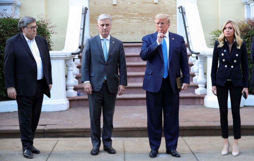 PHOTO: From left, U.S. Attorney General Bill Barr, National Security Advisor Robert O'Brien, President Donald Trump and White House Press Secretary Kayleigh McEnany stand in front of St. John's Episcopal Church, June 1, 2020.