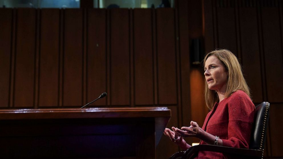 PHOTO: Supreme Court nominee Judge Amy Coney Barrett speaks during the second day of her confirmation hearing before the Senate Judiciary Committee on Capitol Hill in Washington, D.C., Oct. 13, 2020.