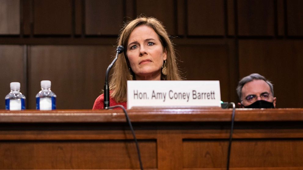 PHOTO: Supreme Court nominee Amy Coney Barrett listens during her Senate Judiciary Committee confirmation hearing on Capitol Hill in Washington, Oct. 13, 2020.