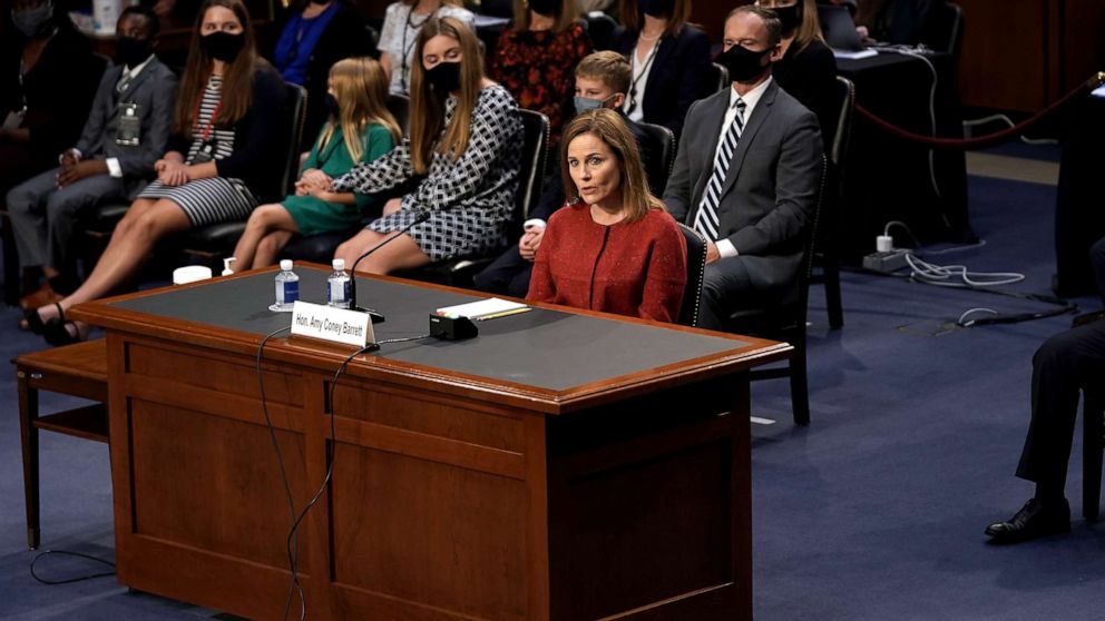 PHOTO: Supreme Court nominee Judge Amy Coney Barrett testifies before the Senate Judiciary Committee on the second day of her Supreme Court confirmation hearing on Capitol Hill, Oct. 13, 2020 in Washington, DC.
