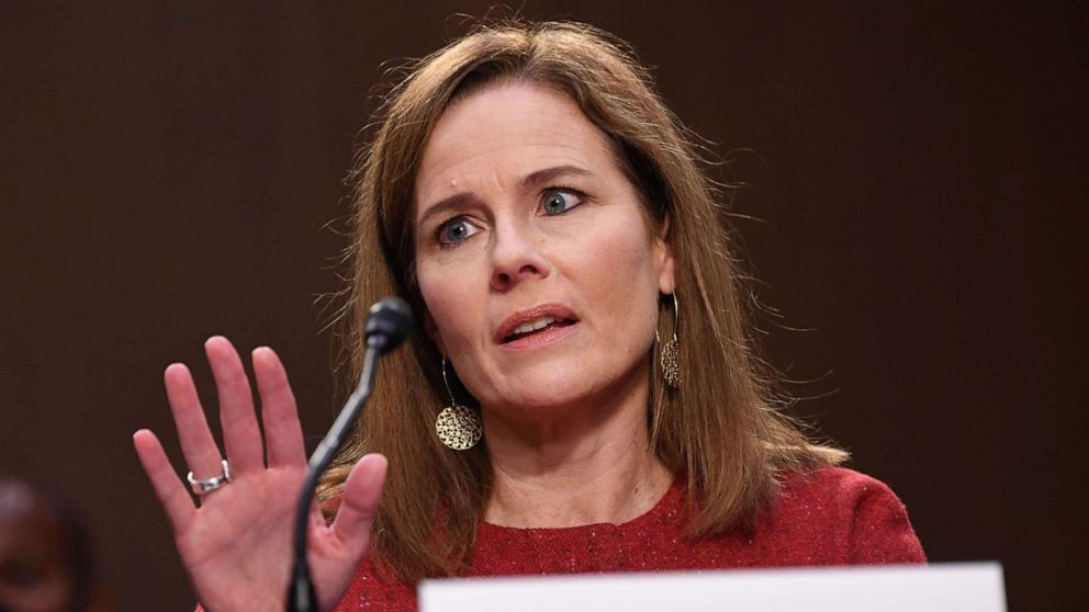 PHOTO: Supreme Court nominee Judge Amy Coney Barrett speaks during her confirmation hearing before the Senate Judiciary Committee on Capitol Hill in Washington, DC, on October 13, 2020.