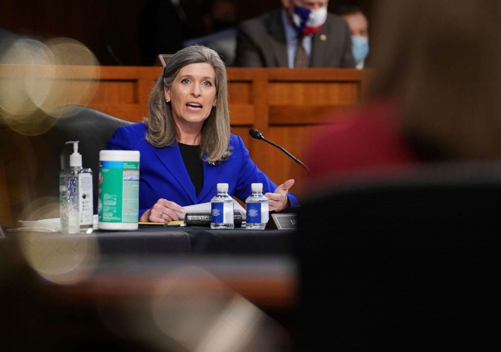 PHOTO: Sen. Joni Ernst speak during a confirmation hearing for Supreme Court nominee Amy Coney Barrett before the Senate Judiciary Committee, Oct. 13, 2020, on Capitol Hill in Washington.