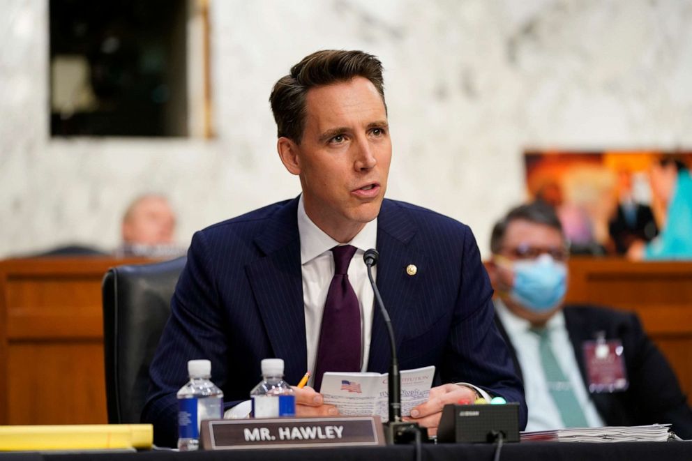 PHOTO: Sen. Josh Hawley speaks as Supreme Court nominee Judge Amy Coney Barrett testifies before the Senate Judiciary Committee on the second day of her confirmation hearing on Capitol Hill, Oct. 13, 2020 in Washington, DC.