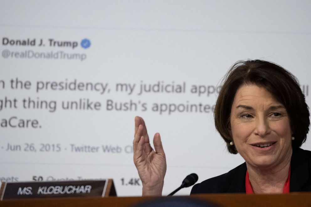 PHOTO: Sen. Amy Klobuchar speaks during the second day of the Supreme Court confirmation hearings for Judge Amy Coney Barrett before the Senate Judiciary Committee on Capitol Hill on Oct. 13, 2020 in Washington, DC.