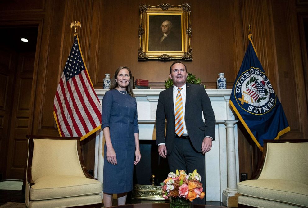 PHOTO: Judge Amy Coney Barrett, President Trump's Supreme Court nominee, meets with Senator Mike Lee at the Capitol in Washington, D.C., Sept. 29, 2020.