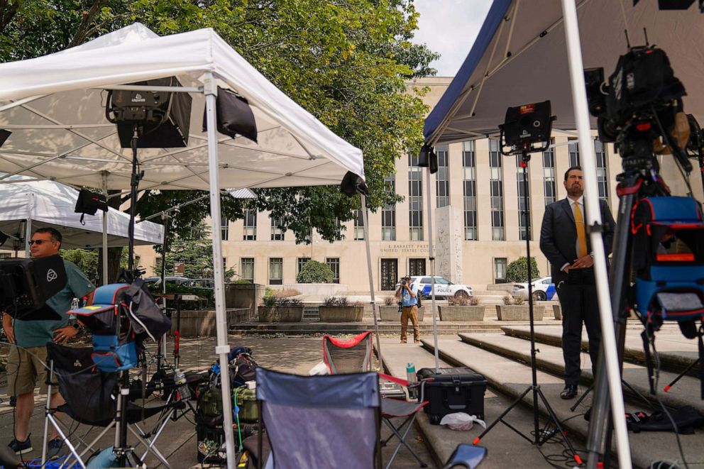 PHOTO: Members of the media outside E. Barrett Prettyman US Federal Courthouse on Aug. 2, 2023, in Washington, D.C.