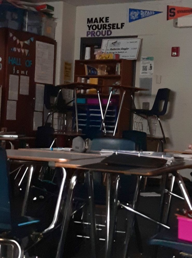 PHOTO: A makeshift barricade erected inside a classroom at Timberview High School in Arlington, Texas, Oct. 6, 2021, after shots were heard in a nearby area.