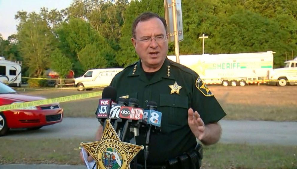 PHOTO: Polk County Sheriff Grady Judd briefs the press at the scene where a teenager beat another teen with a baseball bat in a wooded area near their homes in Lake Wales, Fla., March 19, 2018.