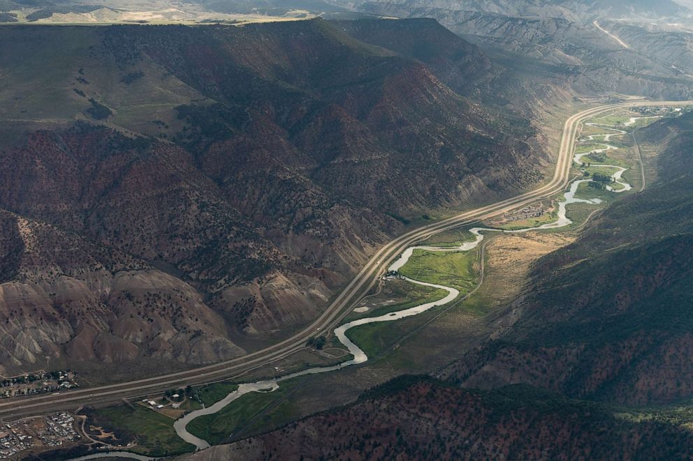 PHOTO: The Eagle River flows toward the Colorado River during a LightHawk flight in Gypsum, Colo., July 12, 2023. The Colorado River Basin stretches through seven states - Arizona, California, Nevada, Utah, Colorado, Wyoming and New Mexico.