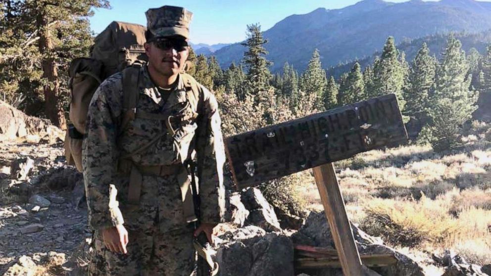PHOTO: Pfc. Christian Bautista stands at a trail summit while participating in a unit hike at the Mountain Warfare Training Center in Bridgeport, Calif in this undated file photo.