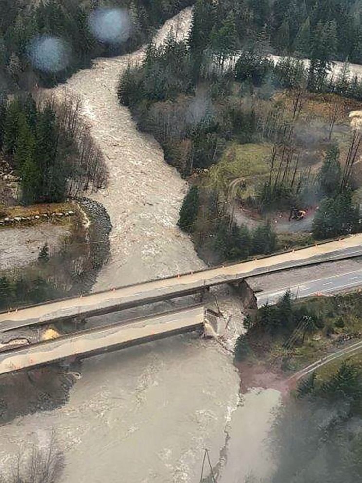 PHOTO: An aerial view shows a washed out bridge on the Coquihalla Highway as a flood sweeps through, near Carolin Mine Road, British Columbia, Canada, Nov. 15, 2021. 