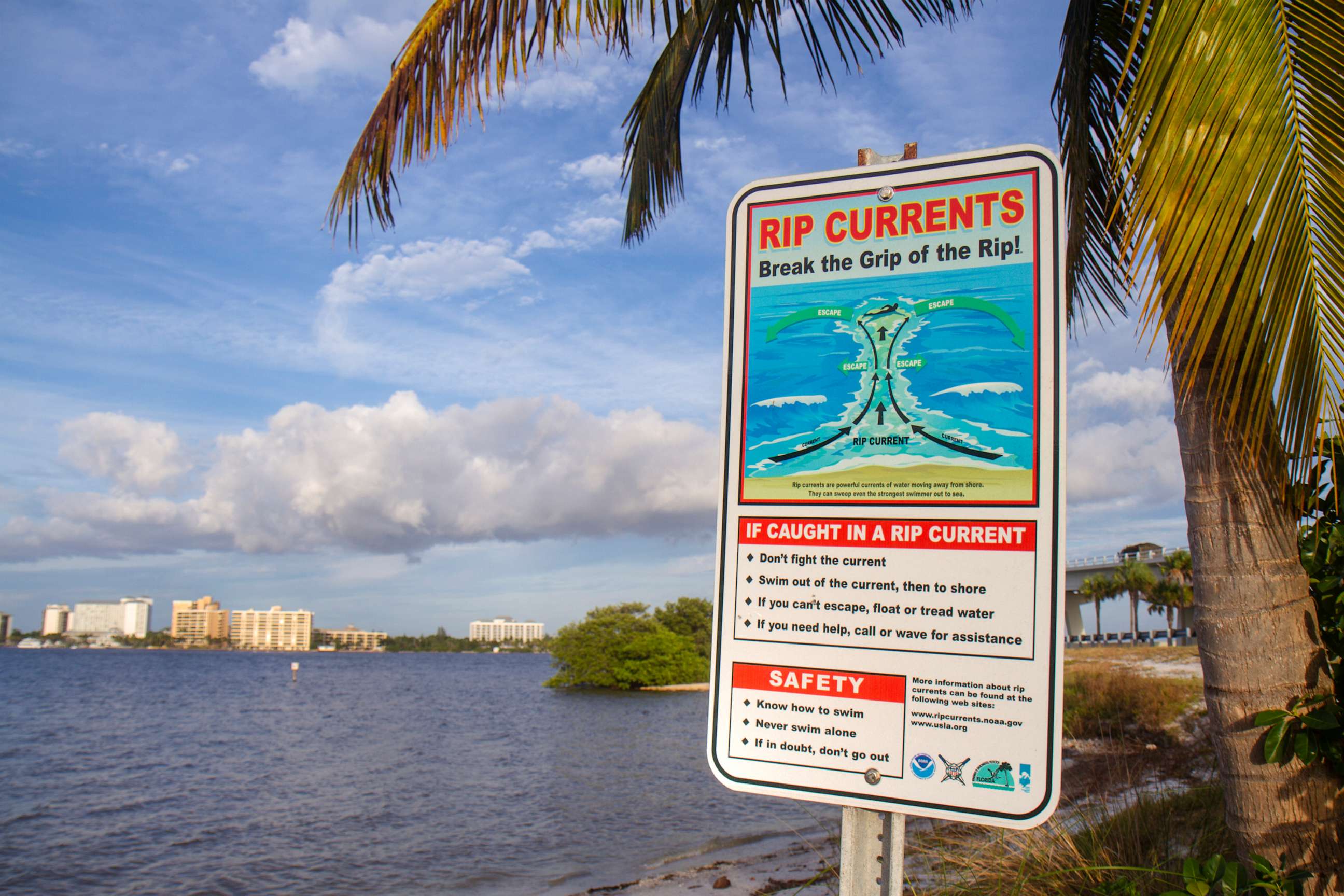 PHOTO: A rip currents safety sign at Punta Rassa Park, Fort Myers, Fla., Nov. 7, 2013.