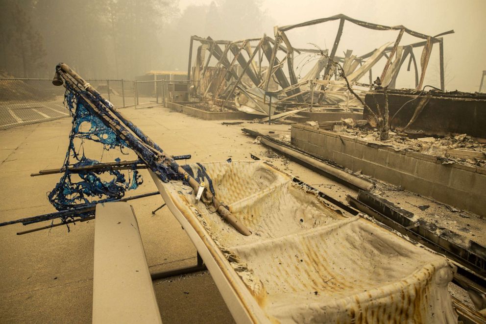 PHOTO: The remains of the Pioneer Union Elementary School after it was destroyed by the Bear fire, part of the North Complex fires, in Berry Creek, Calif., Sept. 12, 2020.