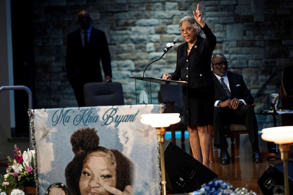 PHOTO: U.S. Rep. Joyce Beatty speaks during the funeral of Ma'Khia Bryant, a Black teenage girl fatally shot by police, in Columbus, Ohio, April 30, 2021. 