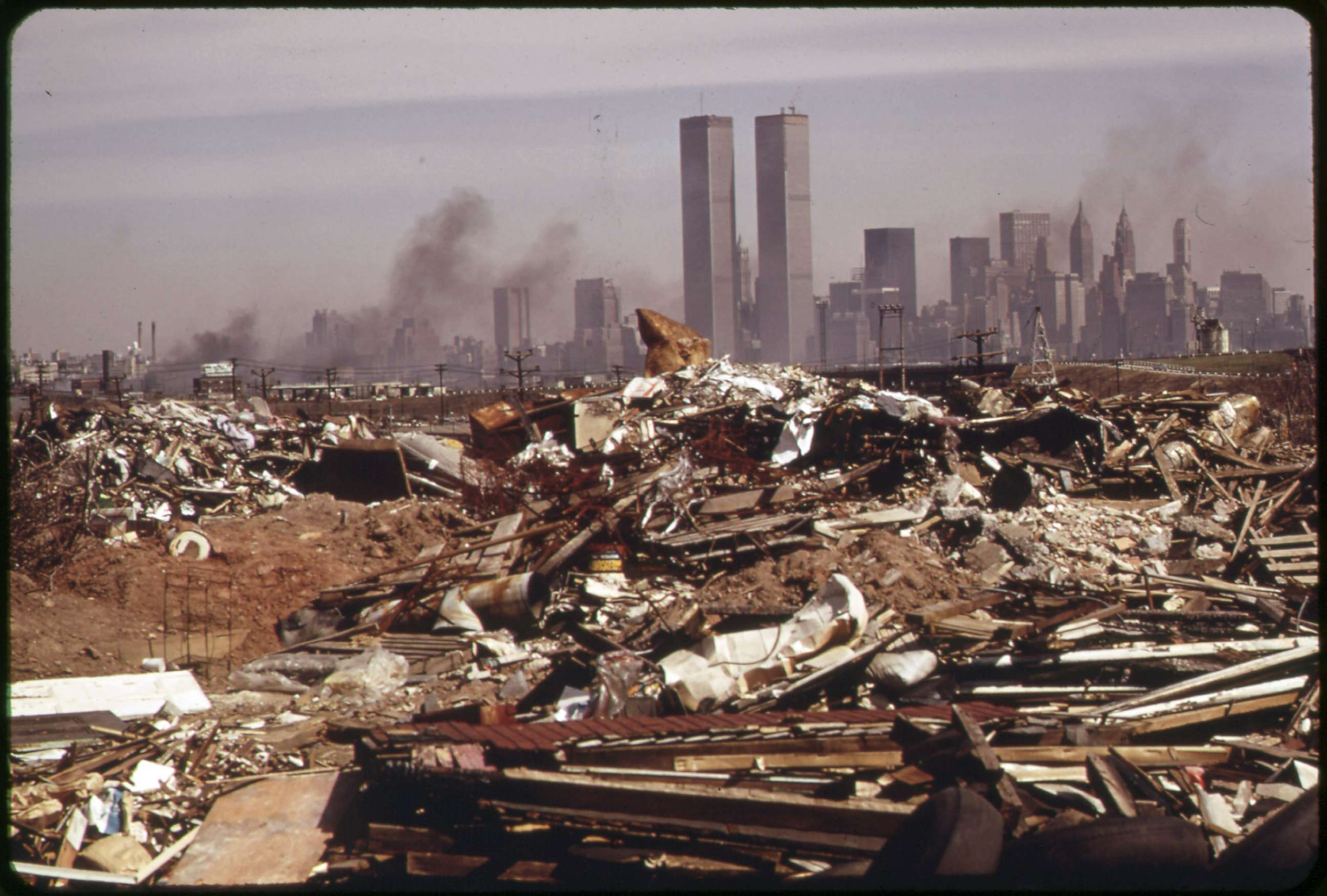 PHOTO: Debris sits in an illegal dumping area off of the New Jersey Turnpike with Manhattan visible in the distance, March 1973.