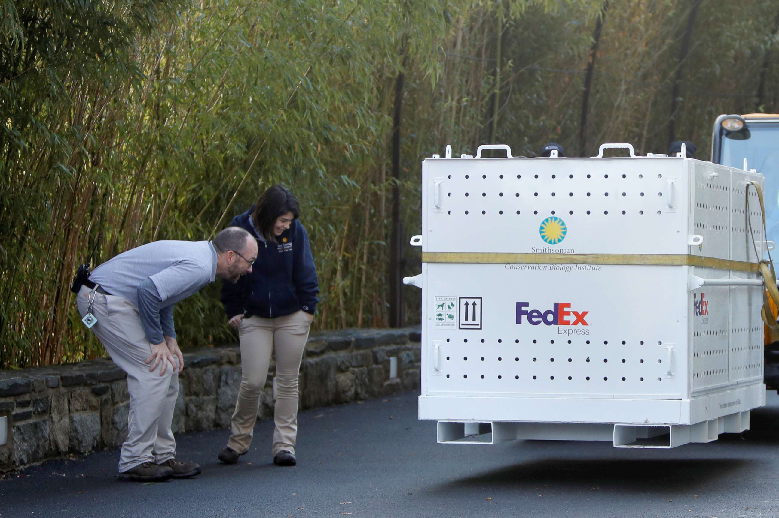 PHOTO: Workers look at the crate where Bei Bei, the giant panda, has been placed before his departure to China, at the Smithsonian National Zoo, in Washington, D.C., Nov. 19, 2019.