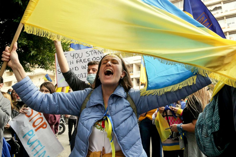 PHOTO: Ukrainian nationals chant slogans against Russian President Vladimir Putin during a demonstration outside the Russian embassy in Beirut to denounce the Russian military operation against Ukraine, on Feb. 24, 2022.