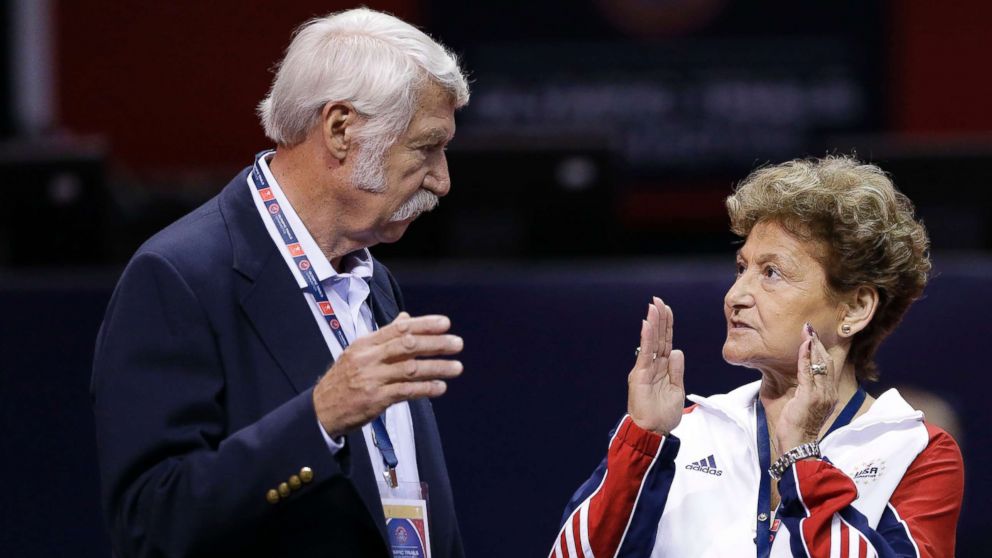 PHOTO: Bela Karolyi, left, and his wife Martha Karolyi talk on the arena floor before the start of the preliminary round of the women's Olympic gymnastics trials in San Jose, Calif., June 29, 2012.