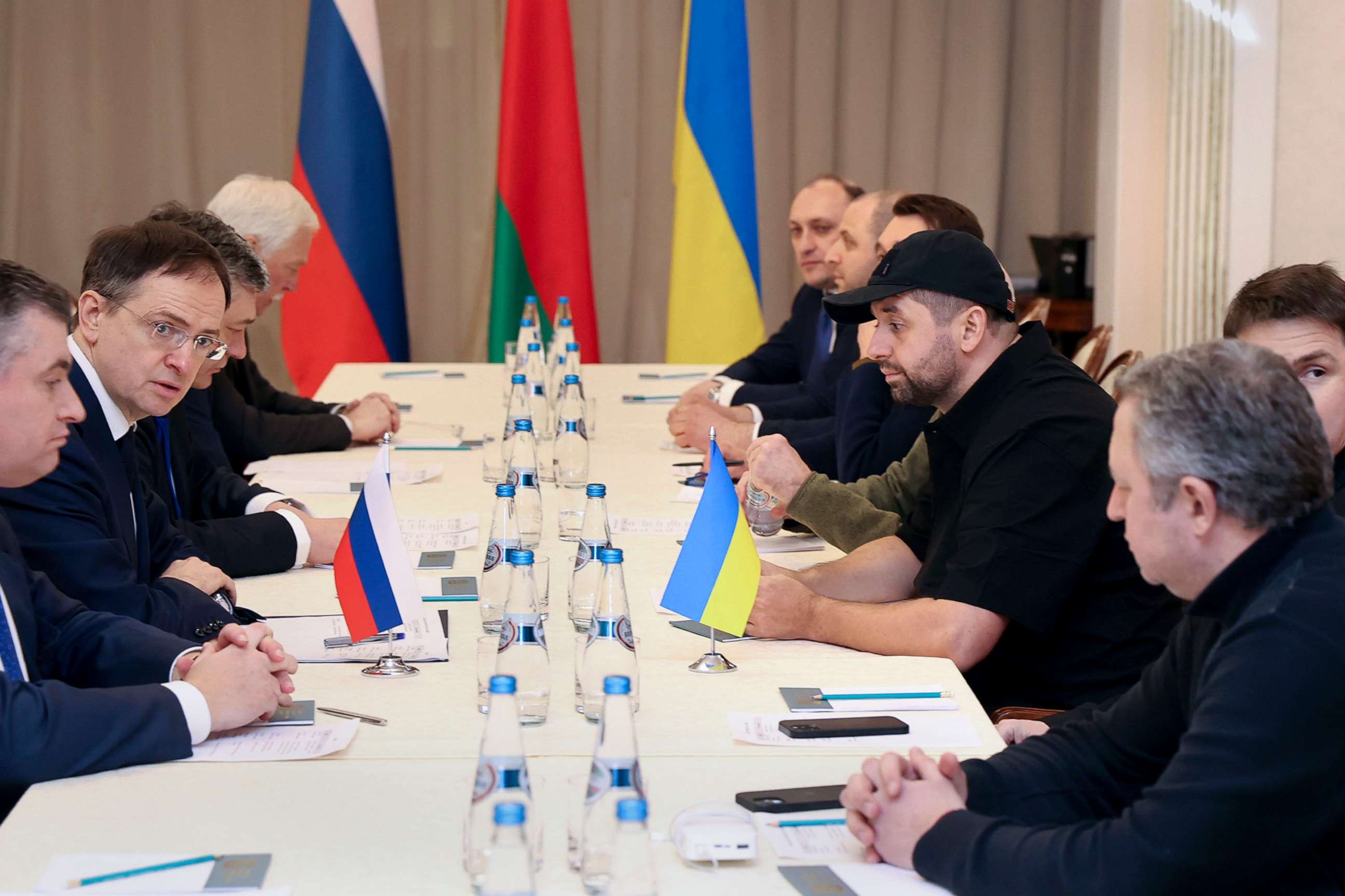 PHOTO: Vladimir Medinsky, the head of the Russian delegation, second from left, and Davyd Arakhamia, a member of the Ukrainian Parliament, third from right, attend the peace talks in Gomel region, Belarus, Feb. 28, 2022.